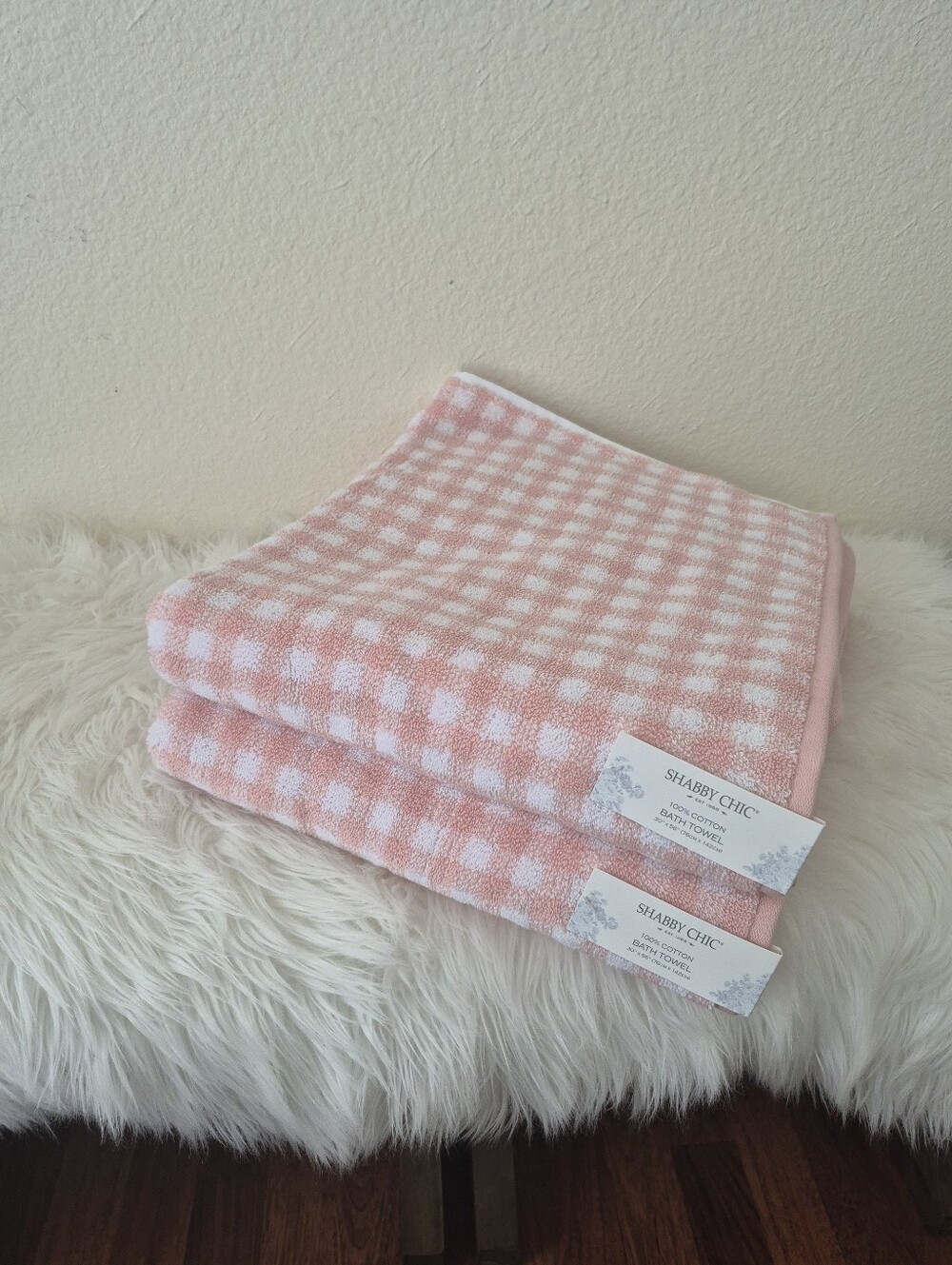 Shabby Chic 100% Cotton Bath Towel set of 2pc pink & white Plaid 30in x 56in